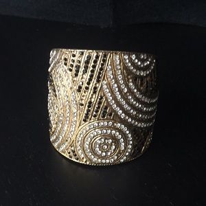 Vintage Gold Cuff Bracelet w/Black & Rhinestones